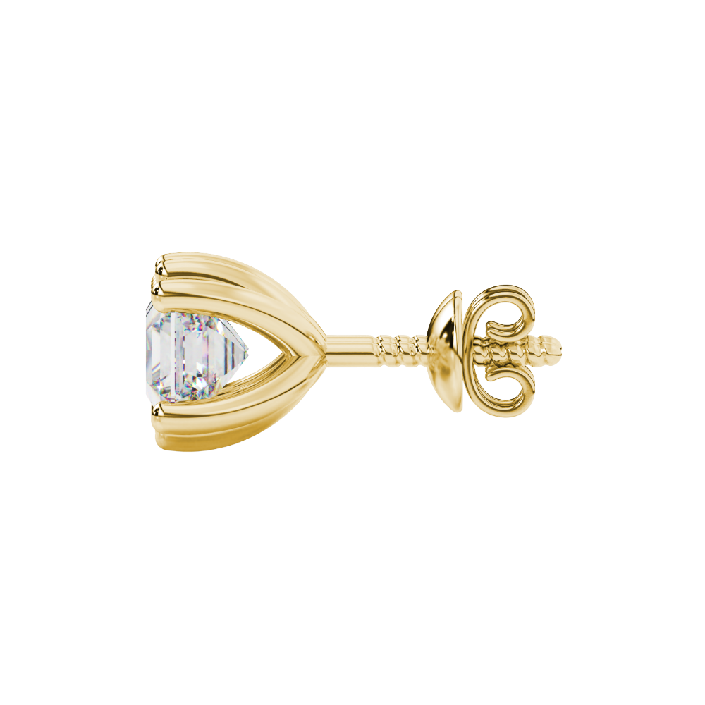 Asscher cut gemstone stud earrings in gold with six-prong basket setting and screw-back closure