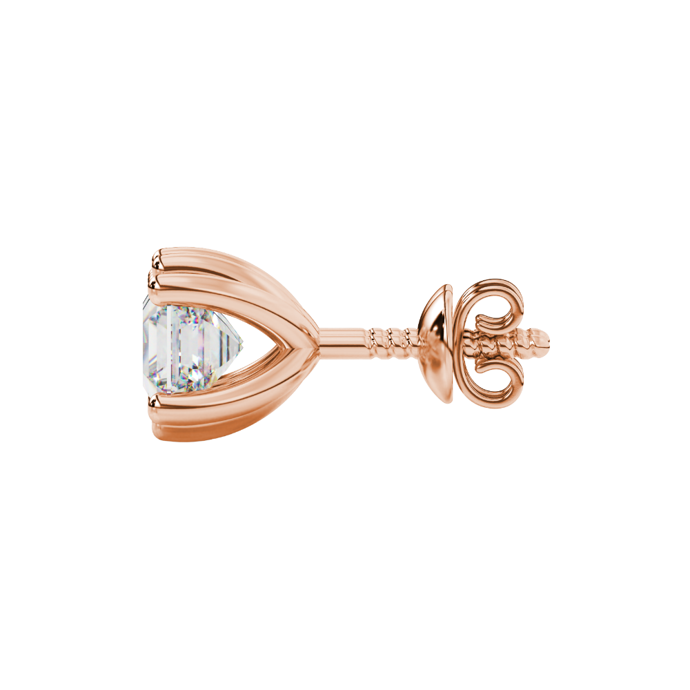 Asscher cut gemstone stud earrings in gold with six-prong basket setting and screw-back closure