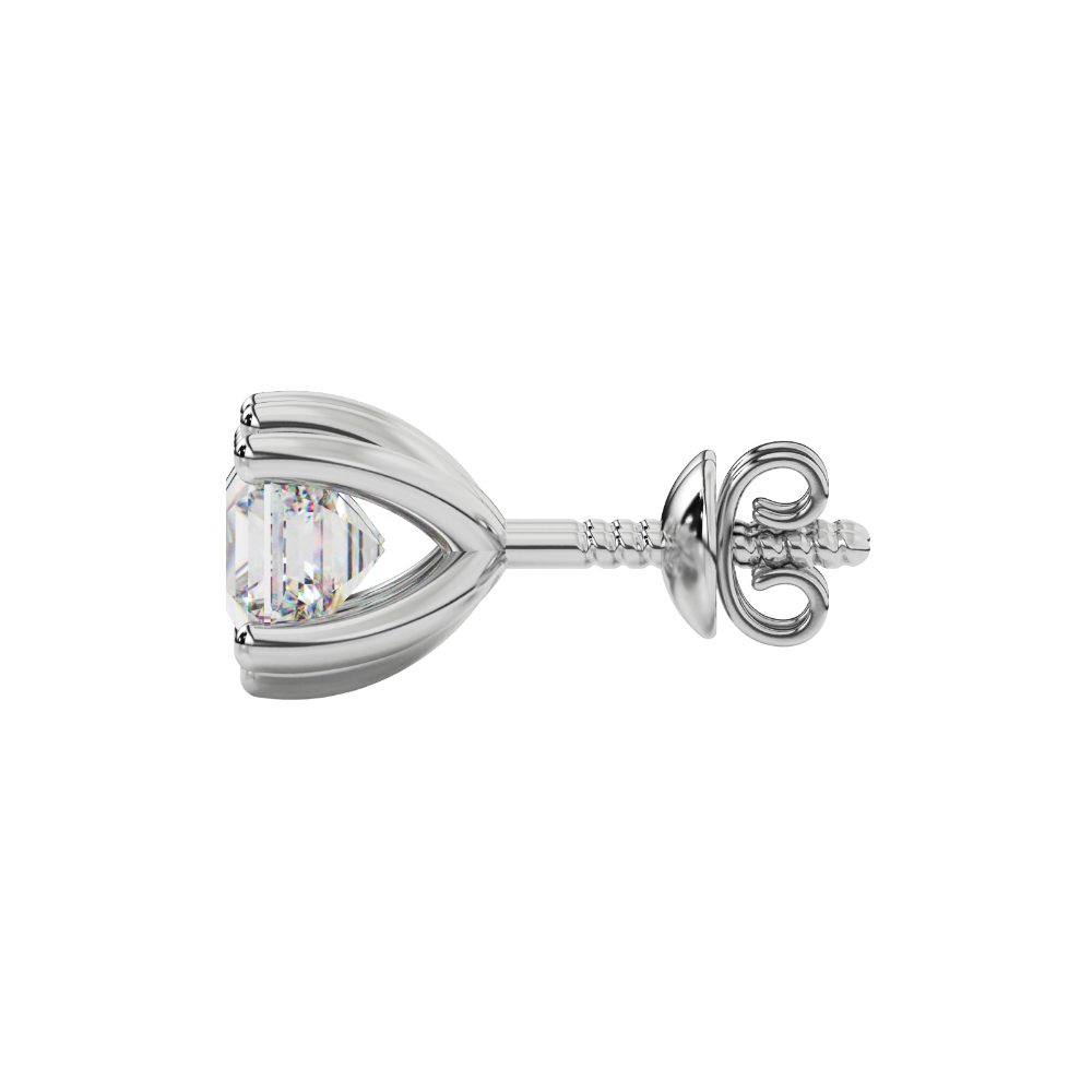 Asscher cut gemstone stud earrings in gold with six-prong basket setting and screw-back closure
