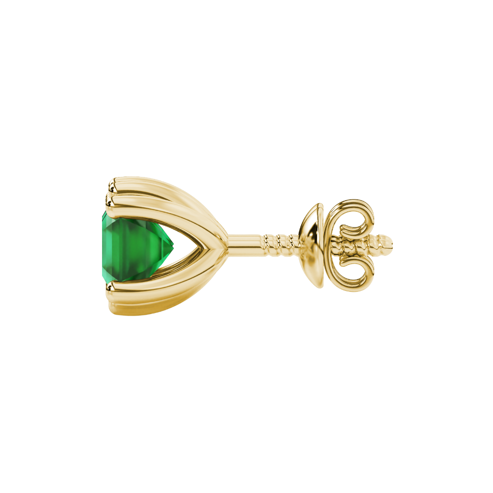Asscher cut gemstone stud earrings in gold with six-prong basket setting and screw-back closure