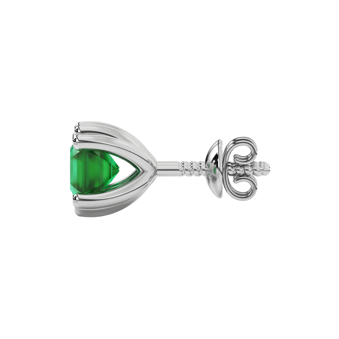 Asscher cut gemstone stud earrings in gold with six-prong basket setting and screw-back closure
