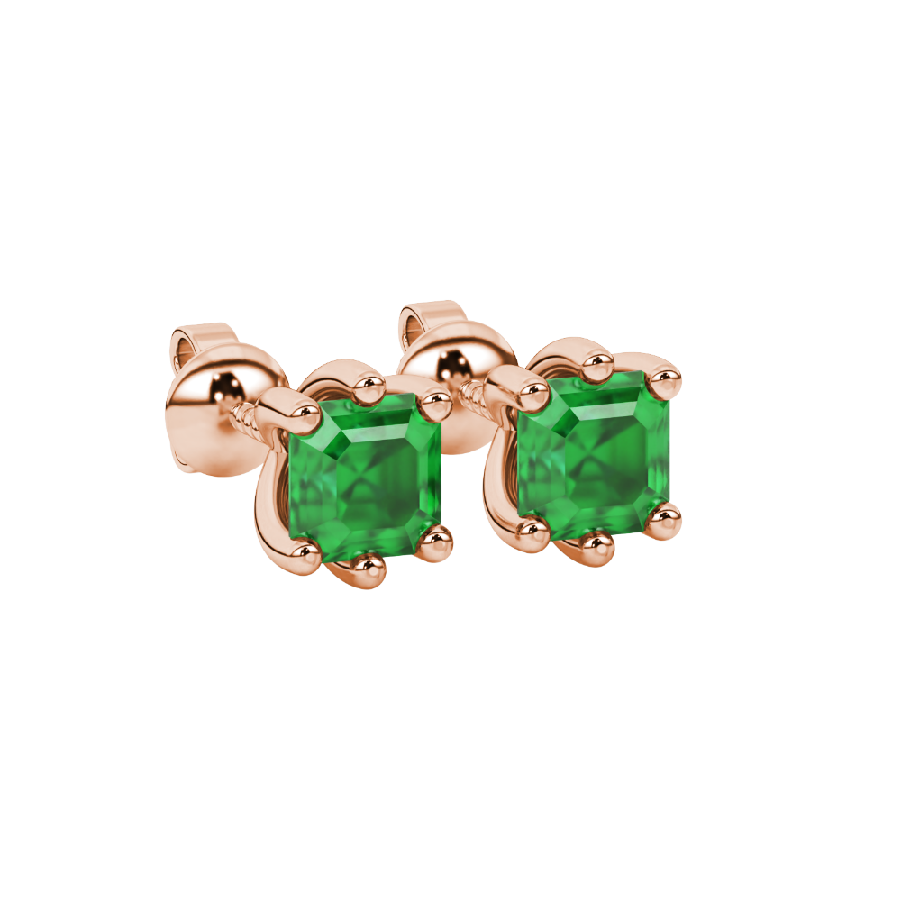 Asscher cut gemstone stud earrings in gold with six-prong basket setting and screw-back closure