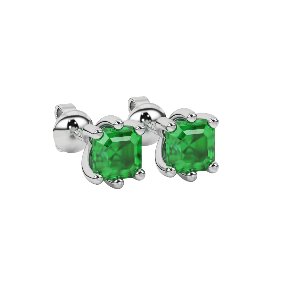 Asscher cut gemstone stud earrings in gold with six-prong basket setting and screw-back closure