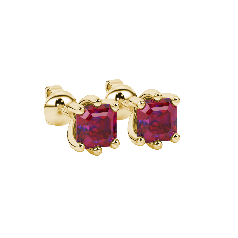 Asscher cut gemstone stud earrings in gold with six-prong basket setting and screw-back closure