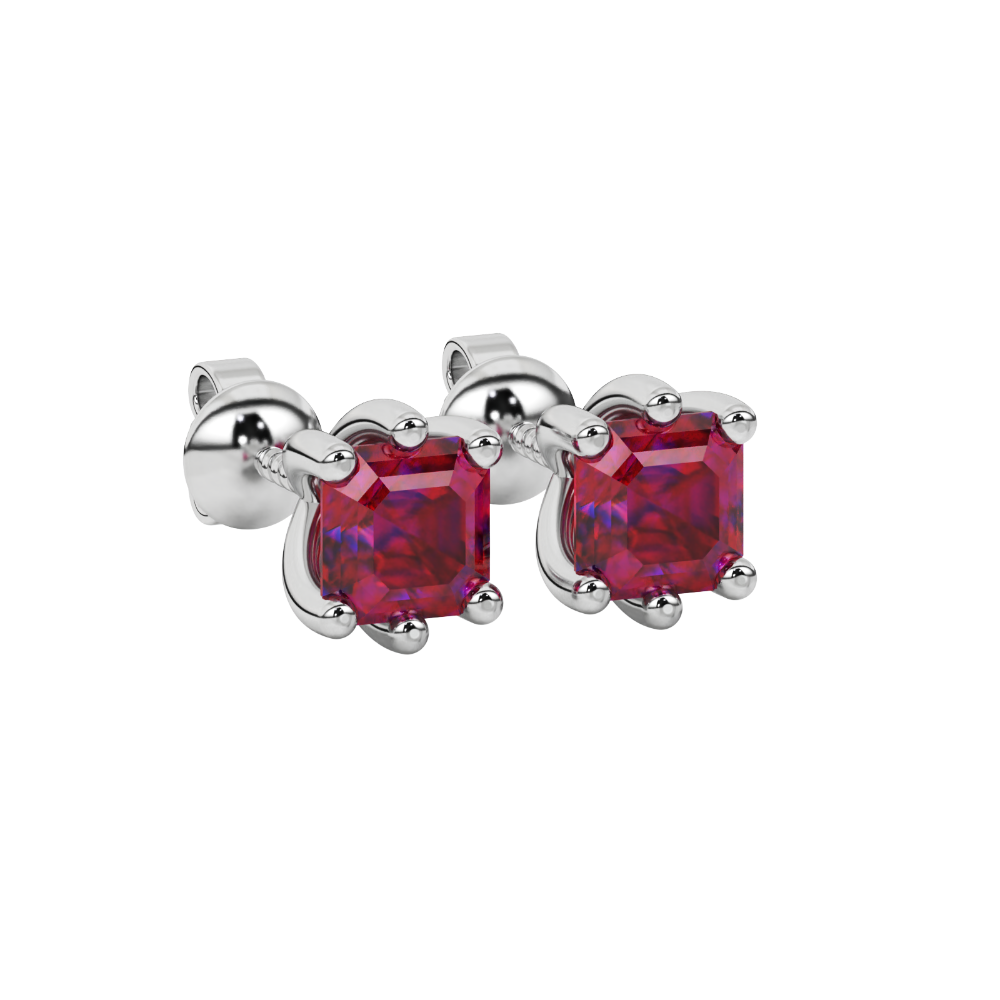 Asscher cut gemstone stud earrings in gold with six-prong basket setting and screw-back closure