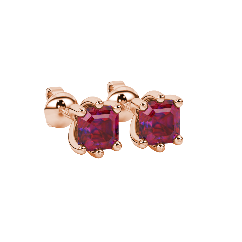Asscher cut gemstone stud earrings in gold with six-prong basket setting and screw-back closure