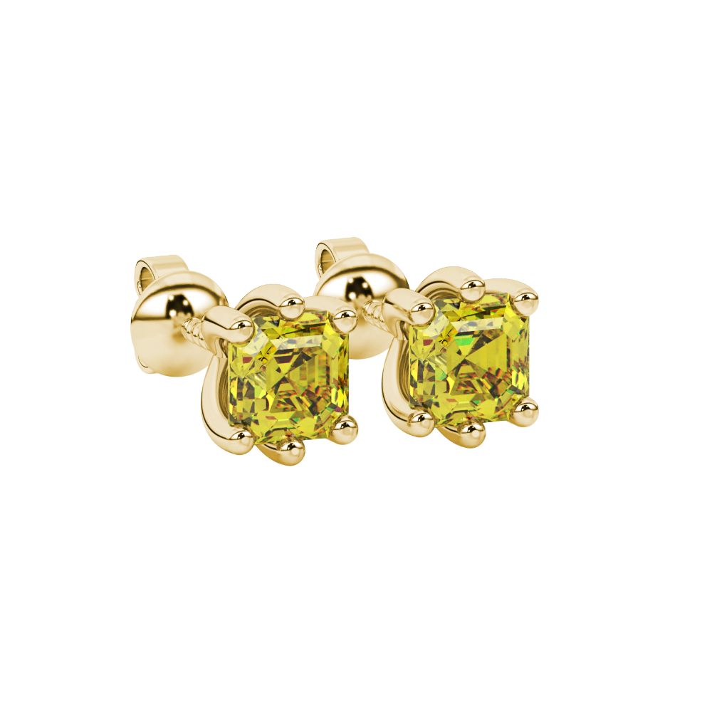 Asscher cut gemstone stud earrings in gold with six-prong basket setting and screw-back closure