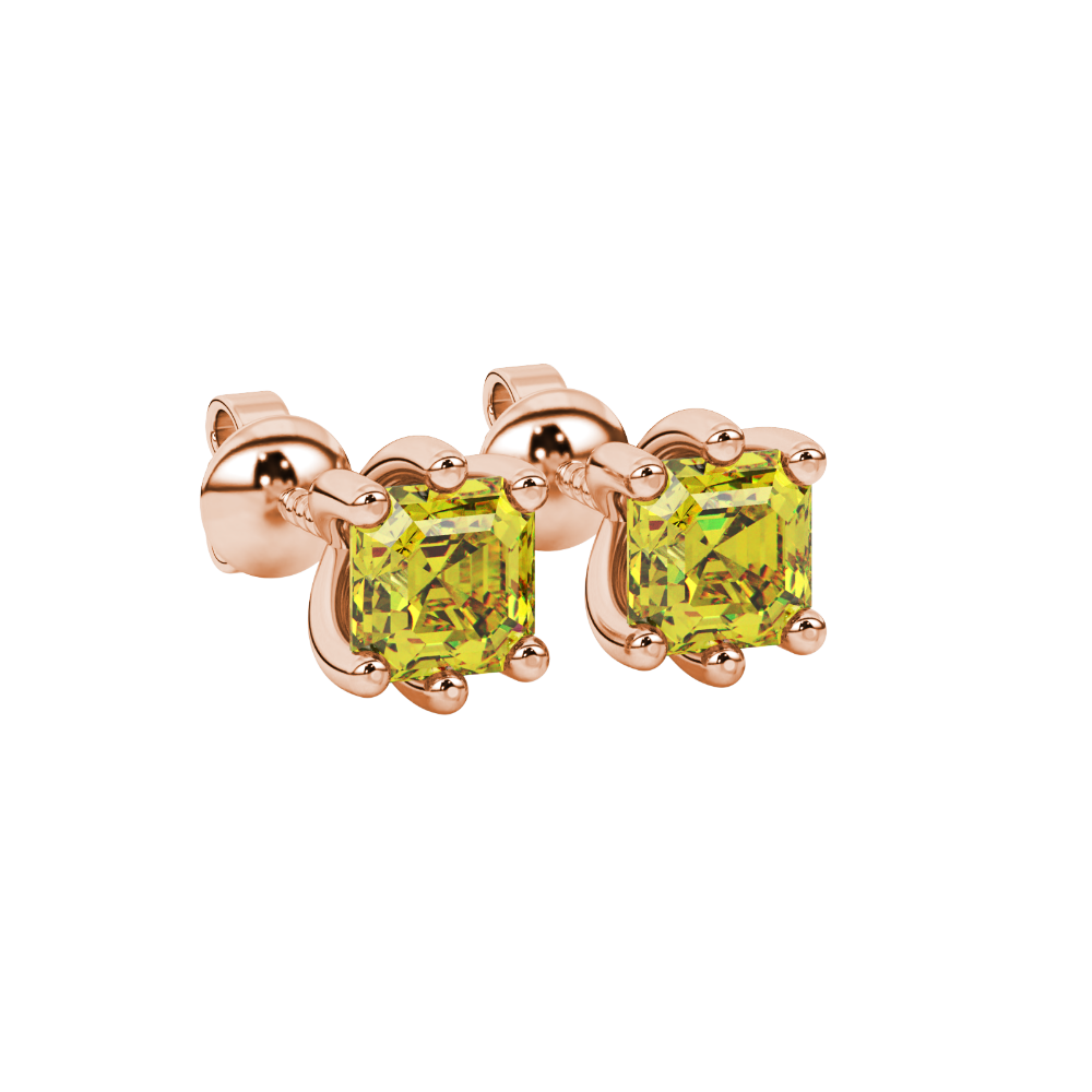 Asscher cut gemstone stud earrings in gold with six-prong basket setting and screw-back closure