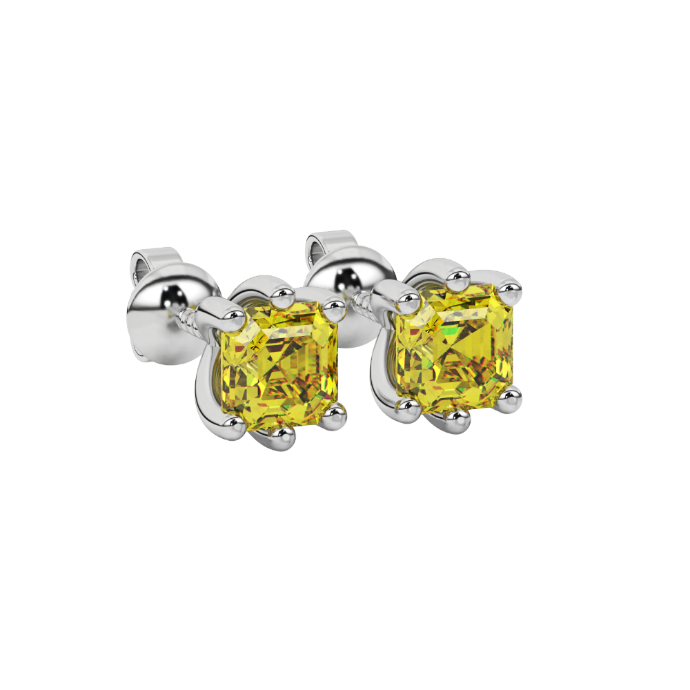 Asscher cut gemstone stud earrings in gold with six-prong basket setting and screw-back closure