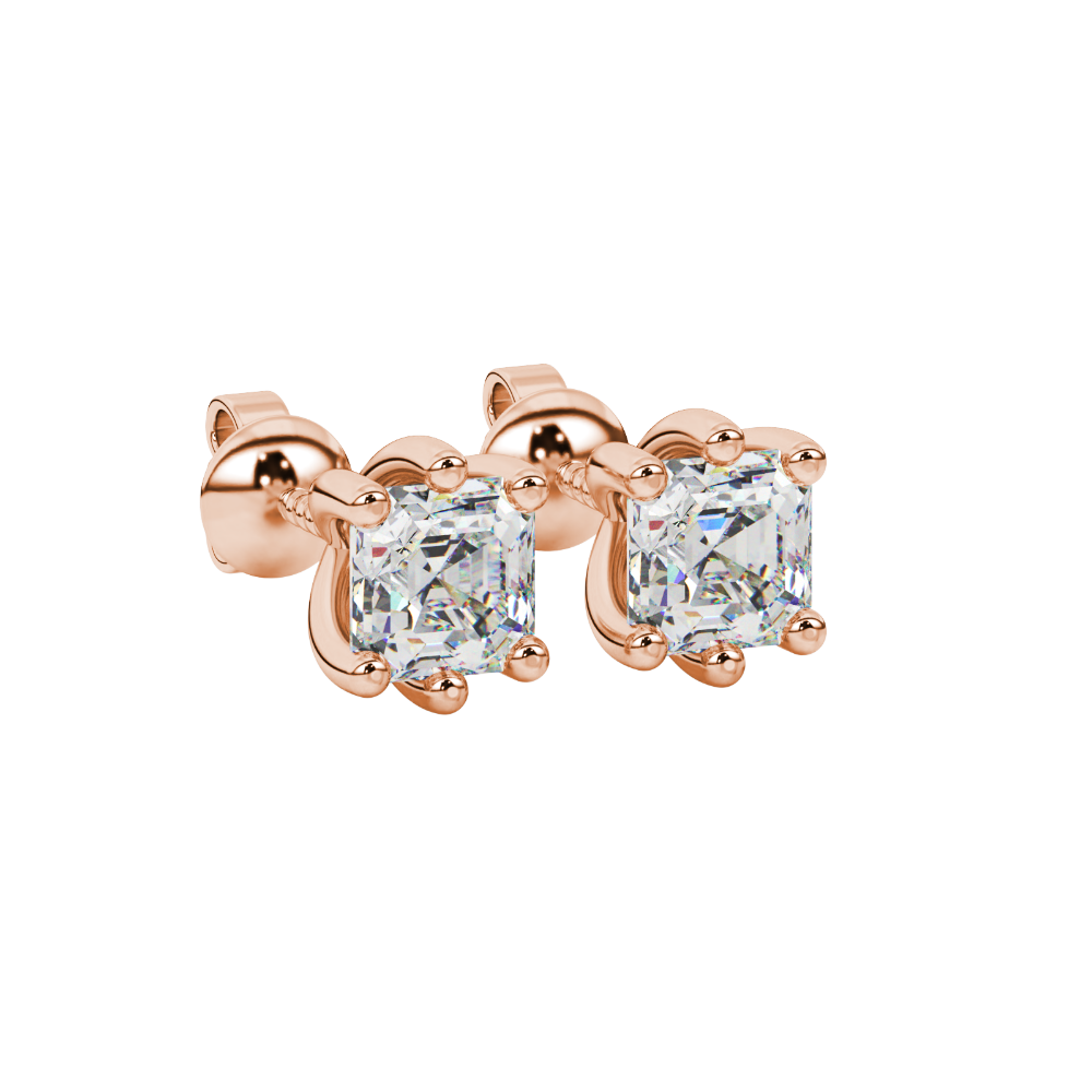 Asscher cut gemstone stud earrings in gold with six-prong basket setting and screw-back closure