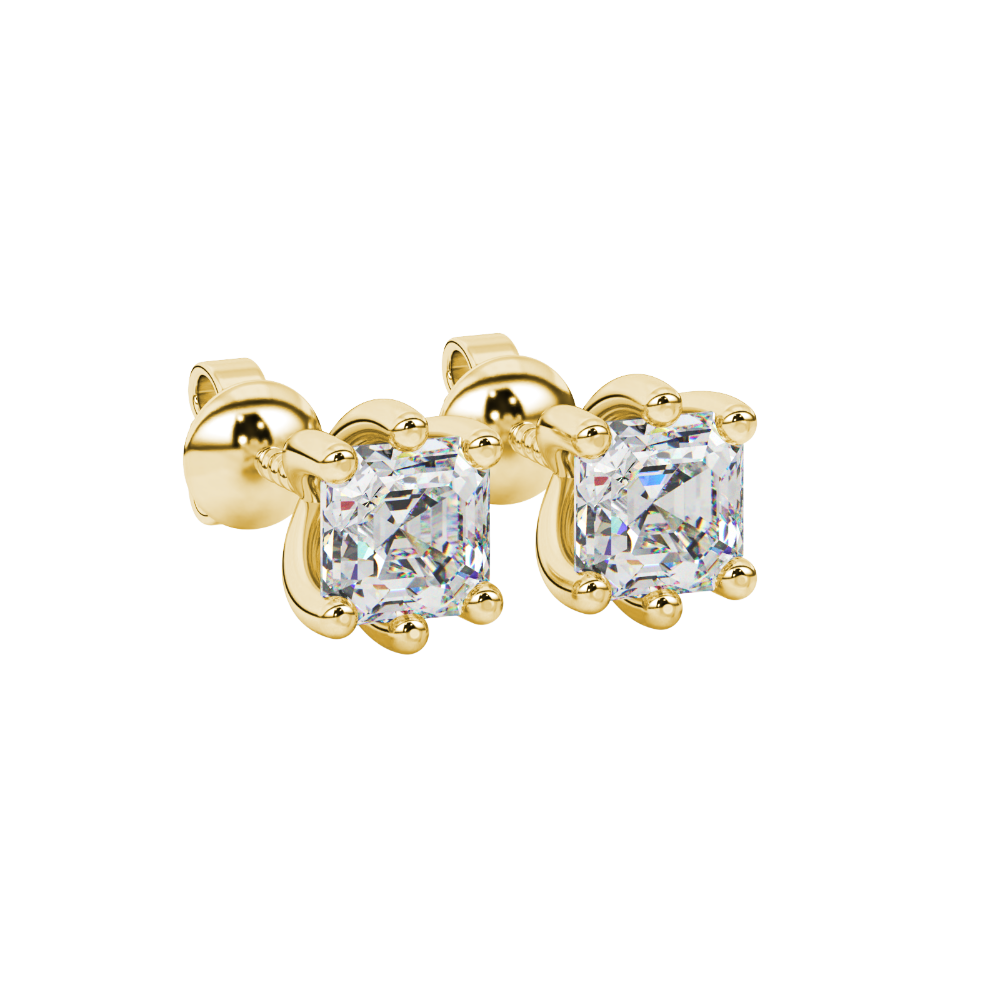 Asscher cut gemstone stud earrings in gold with six-prong basket setting and screw-back closure