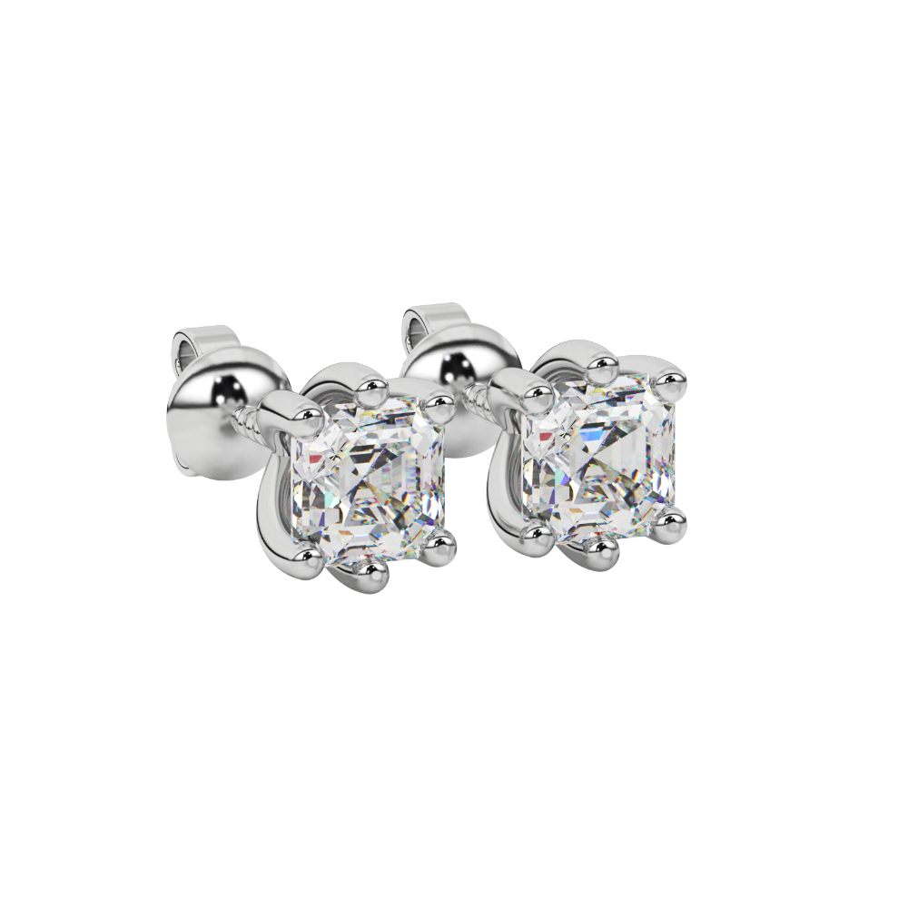 Asscher cut gemstone stud earrings in gold with six-prong basket setting and screw-back closure