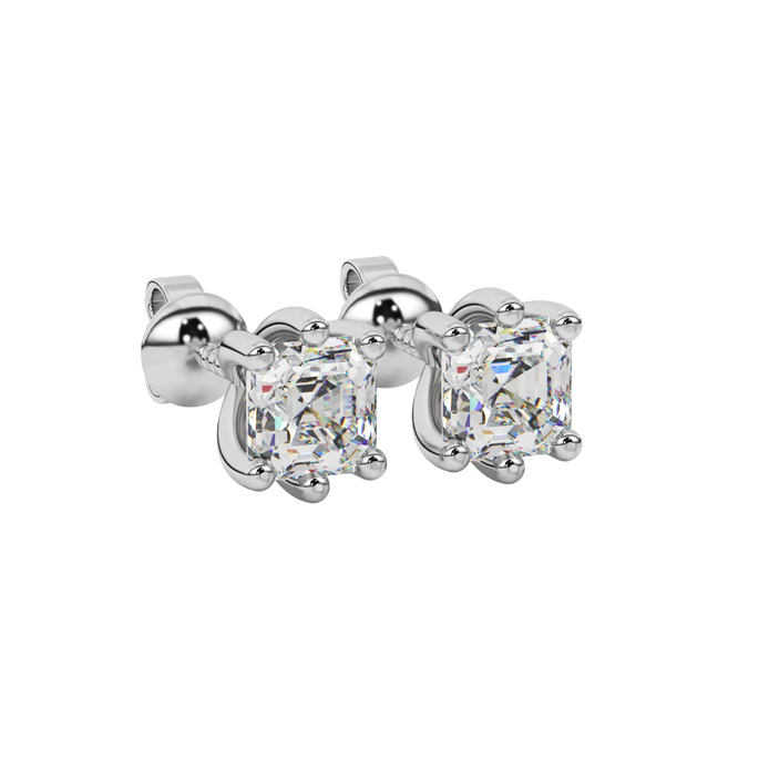 Asscher cut gemstone stud earrings in gold with six-prong basket setting and screw-back closure