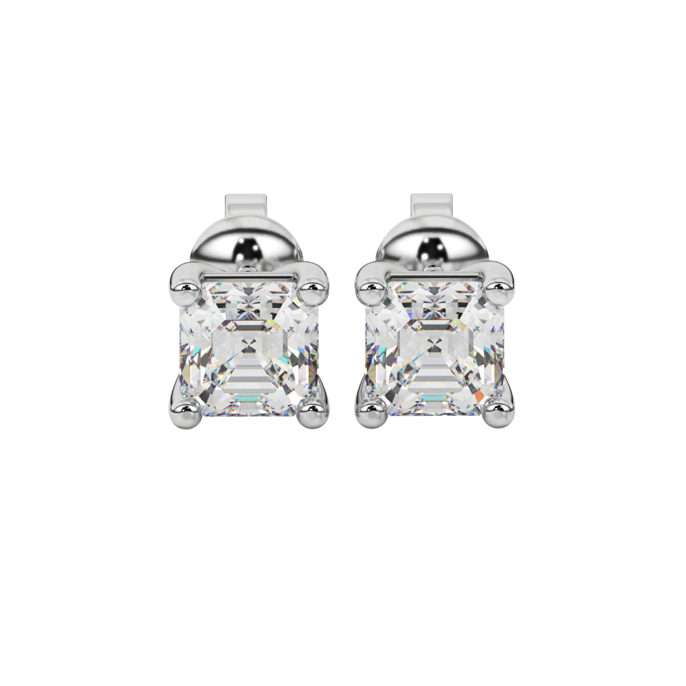 Asscher cut gemstone stud earrings in gold with four-prong basket setting and screw-back closure