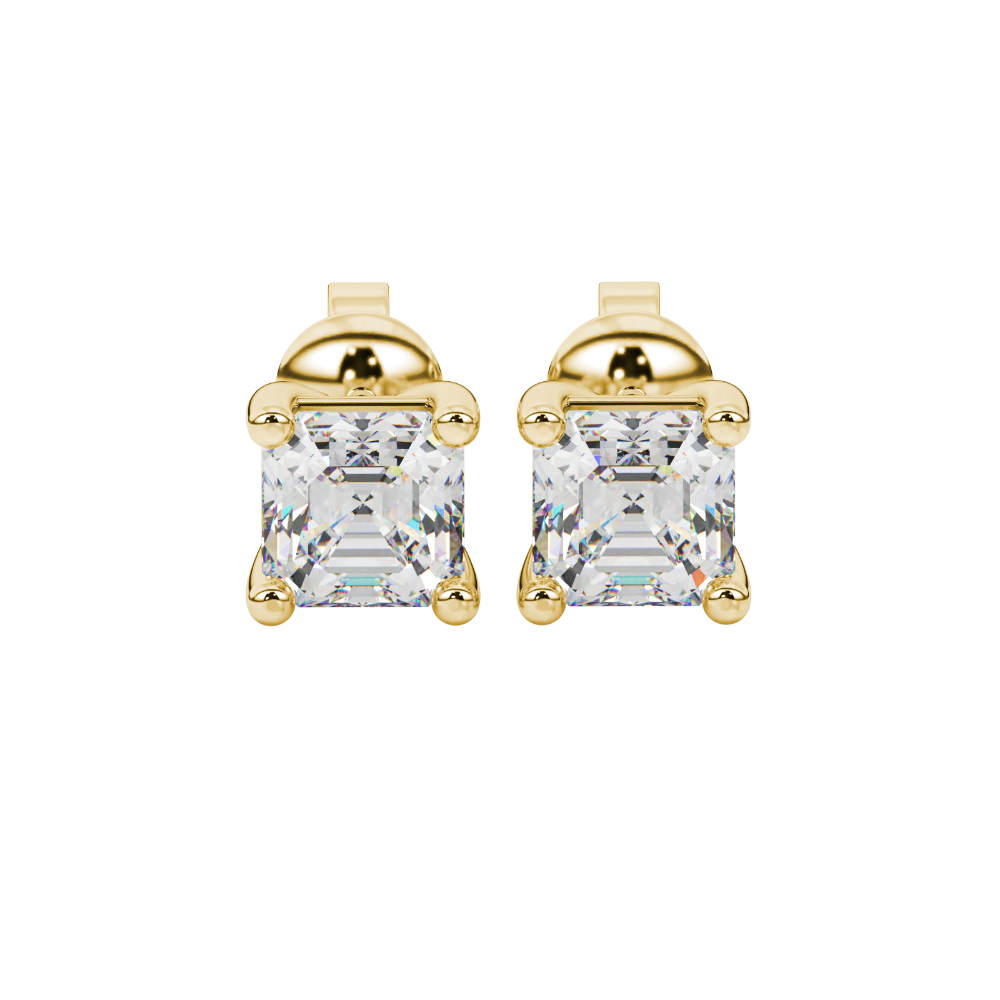 Asscher cut gemstone stud earrings in gold with four-prong basket setting and screw-back closure