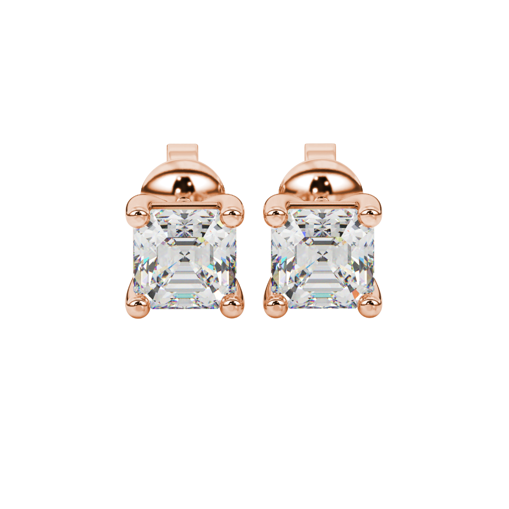 Asscher cut gemstone stud earrings in gold with four-prong basket setting and screw-back closure