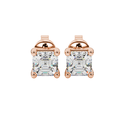Asscher cut gemstone stud earrings in gold with four-prong basket setting and screw-back closure