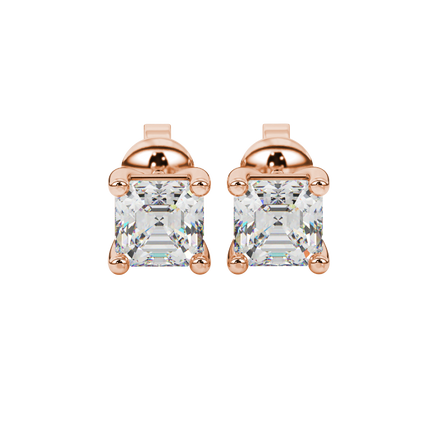 Asscher cut gemstone stud earrings in gold with four-prong basket setting and screw-back closure