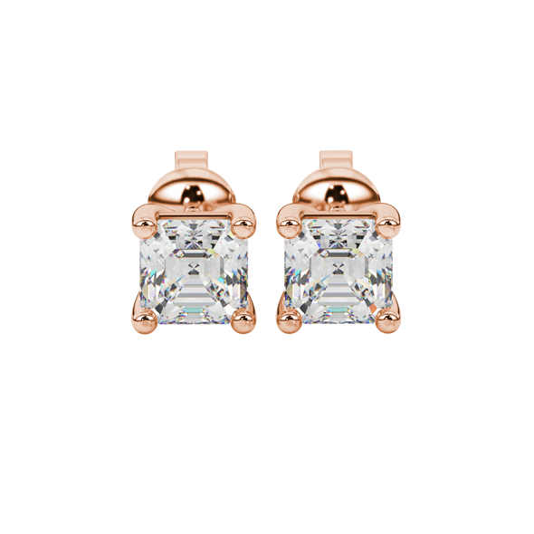Asscher cut gemstone stud earrings in gold with four-prong basket setting and screw-back closure