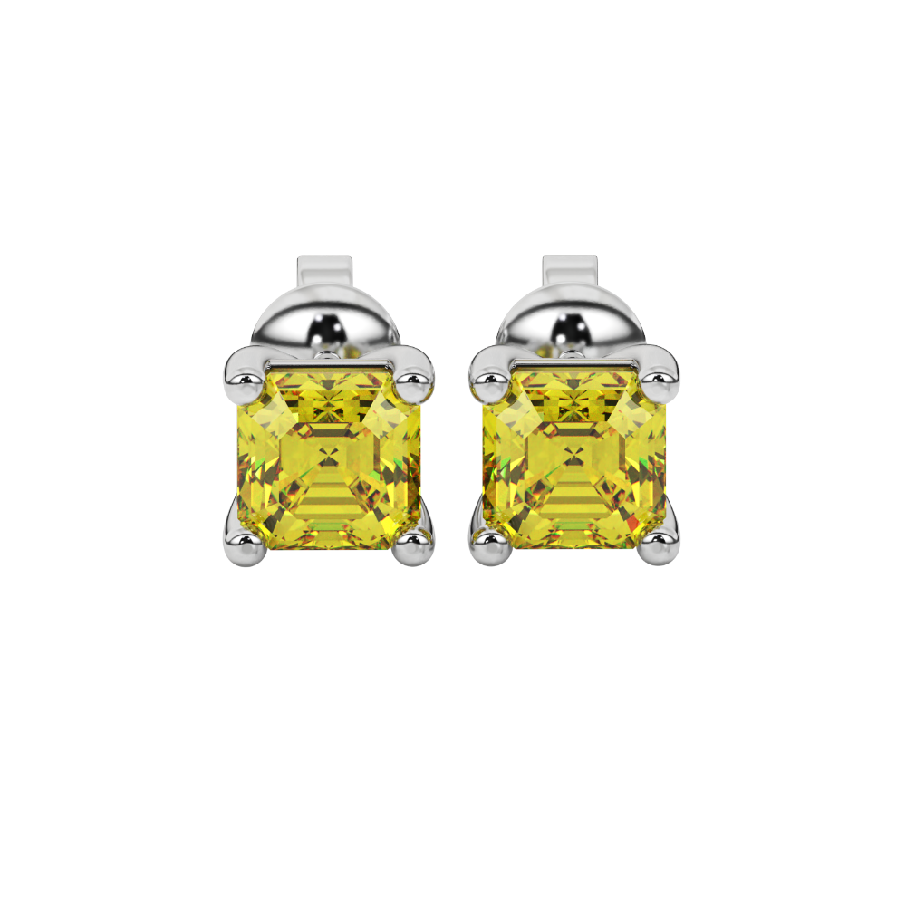 Asscher cut gemstone stud earrings in gold with four-prong basket setting and screw-back closure