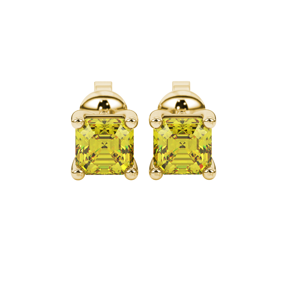 Asscher cut gemstone stud earrings in gold with four-prong basket setting and screw-back closure