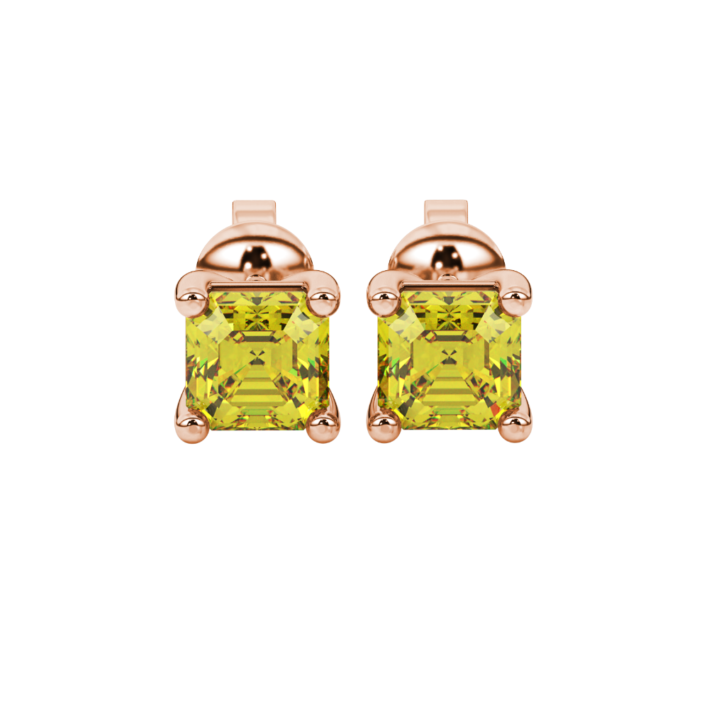 Asscher cut gemstone stud earrings in gold with four-prong basket setting and screw-back closure