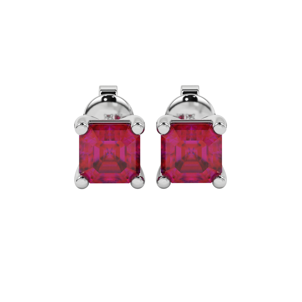 Asscher cut gemstone stud earrings in gold with four-prong basket setting and screw-back closure