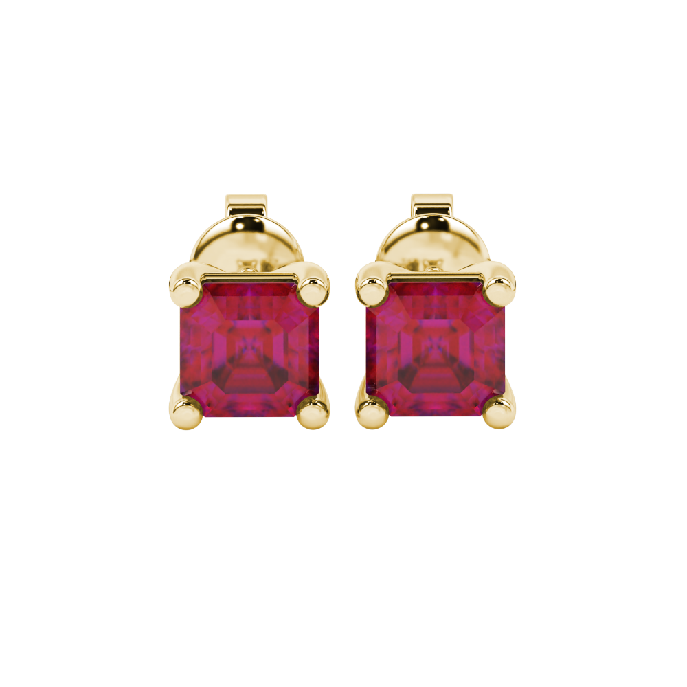 Asscher cut gemstone stud earrings in gold with four-prong basket setting and screw-back closure