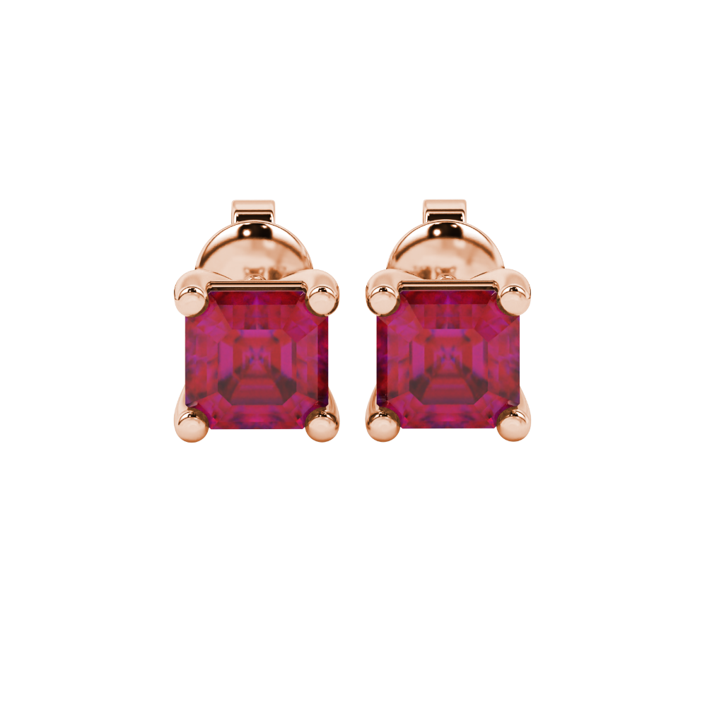 Asscher cut gemstone stud earrings in gold with four-prong basket setting and screw-back closure