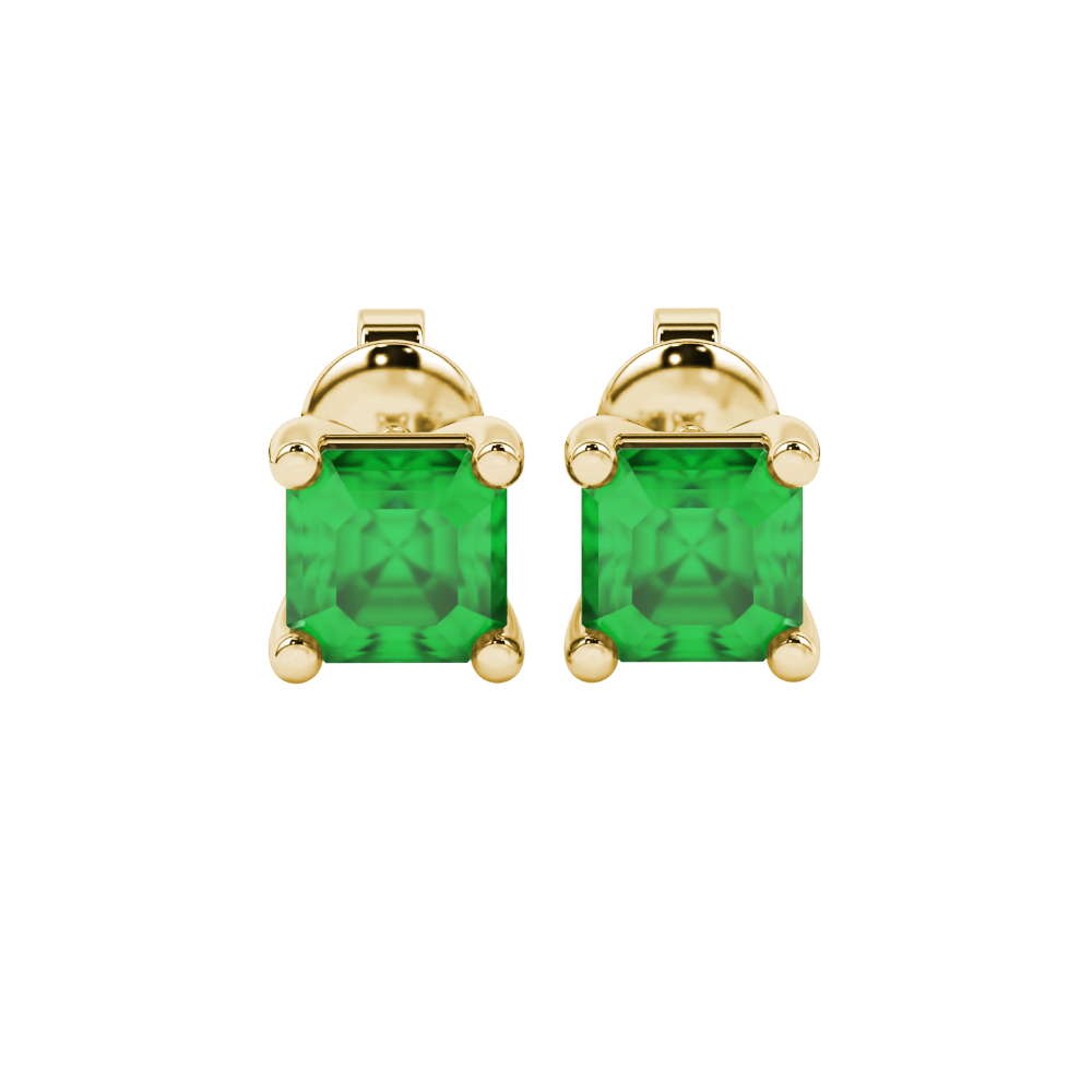 Asscher cut gemstone stud earrings in gold with four-prong basket setting and screw-back closure