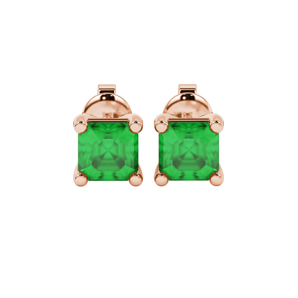 Asscher cut gemstone stud earrings in gold with four-prong basket setting and screw-back closure