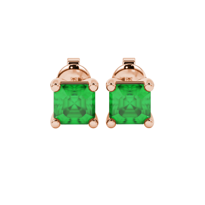 Asscher cut gemstone stud earrings in gold with four-prong basket setting and screw-back closure