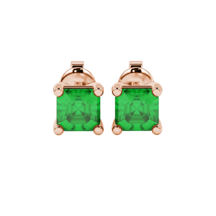 Asscher cut gemstone stud earrings in gold with four-prong basket setting and screw-back closure