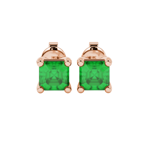 Asscher cut gemstone stud earrings in gold with four-prong basket setting and screw-back closure