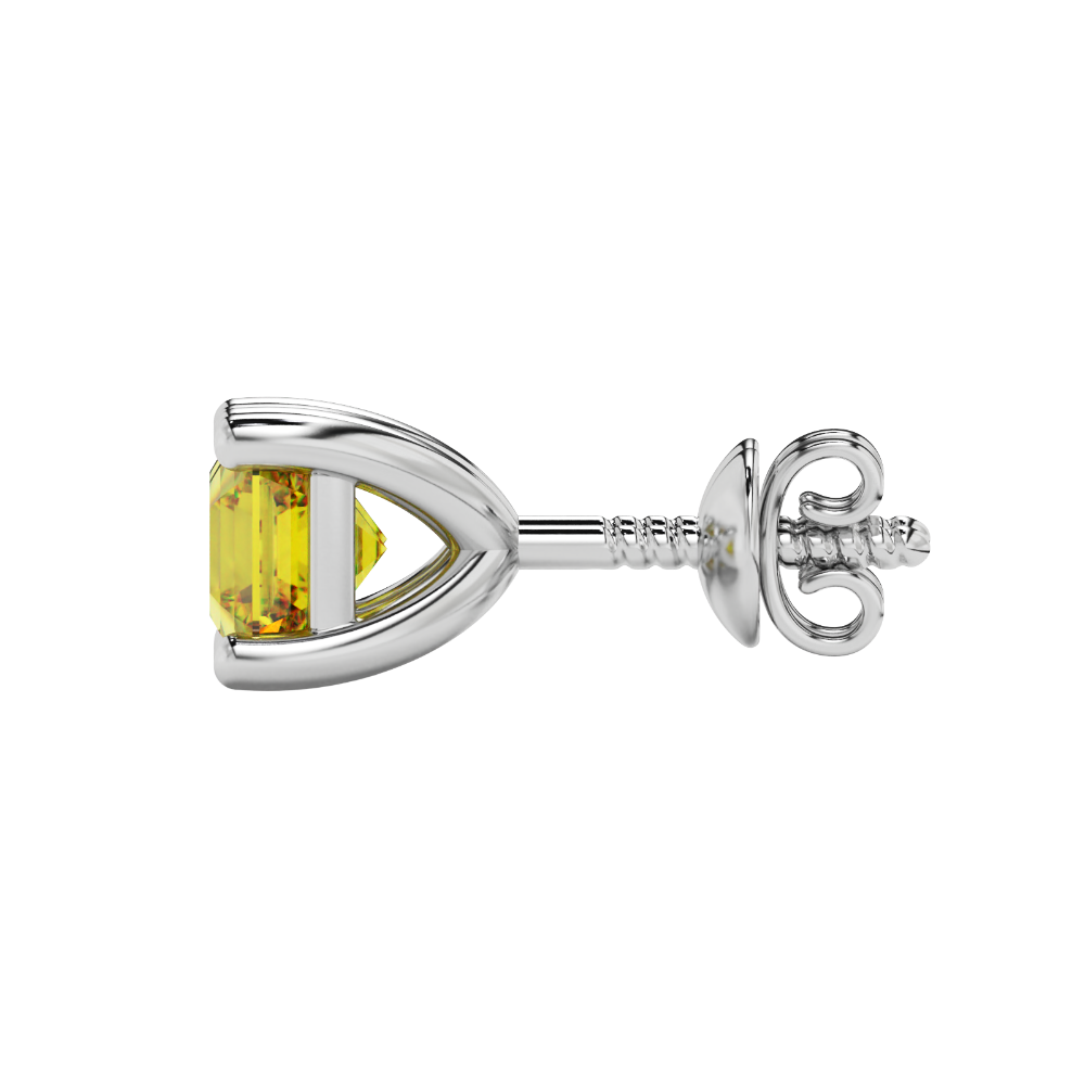 Asscher cut gemstone stud earrings in gold with four-prong basket setting and screw-back closure