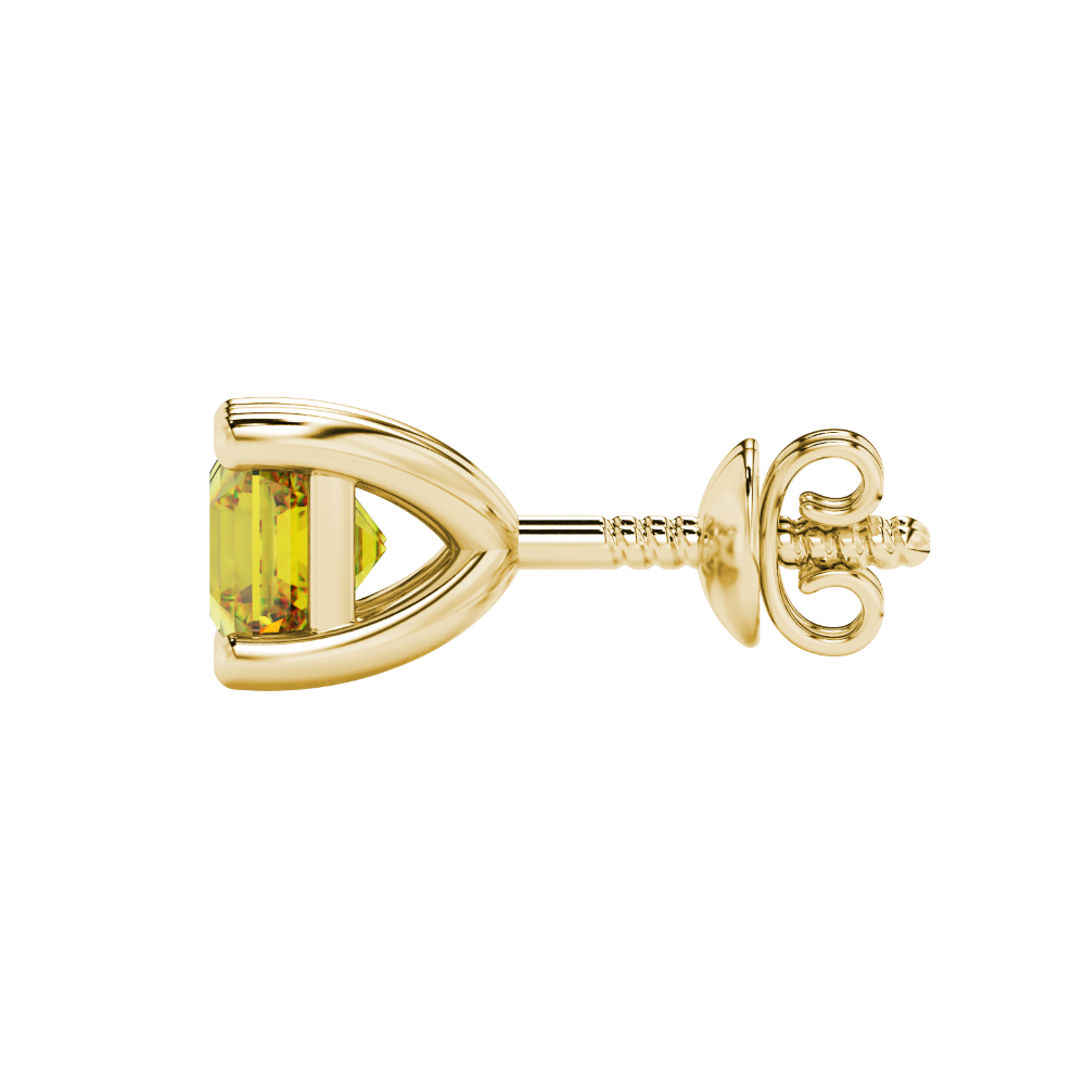 Asscher cut gemstone stud earrings in gold with four-prong basket setting and screw-back closure