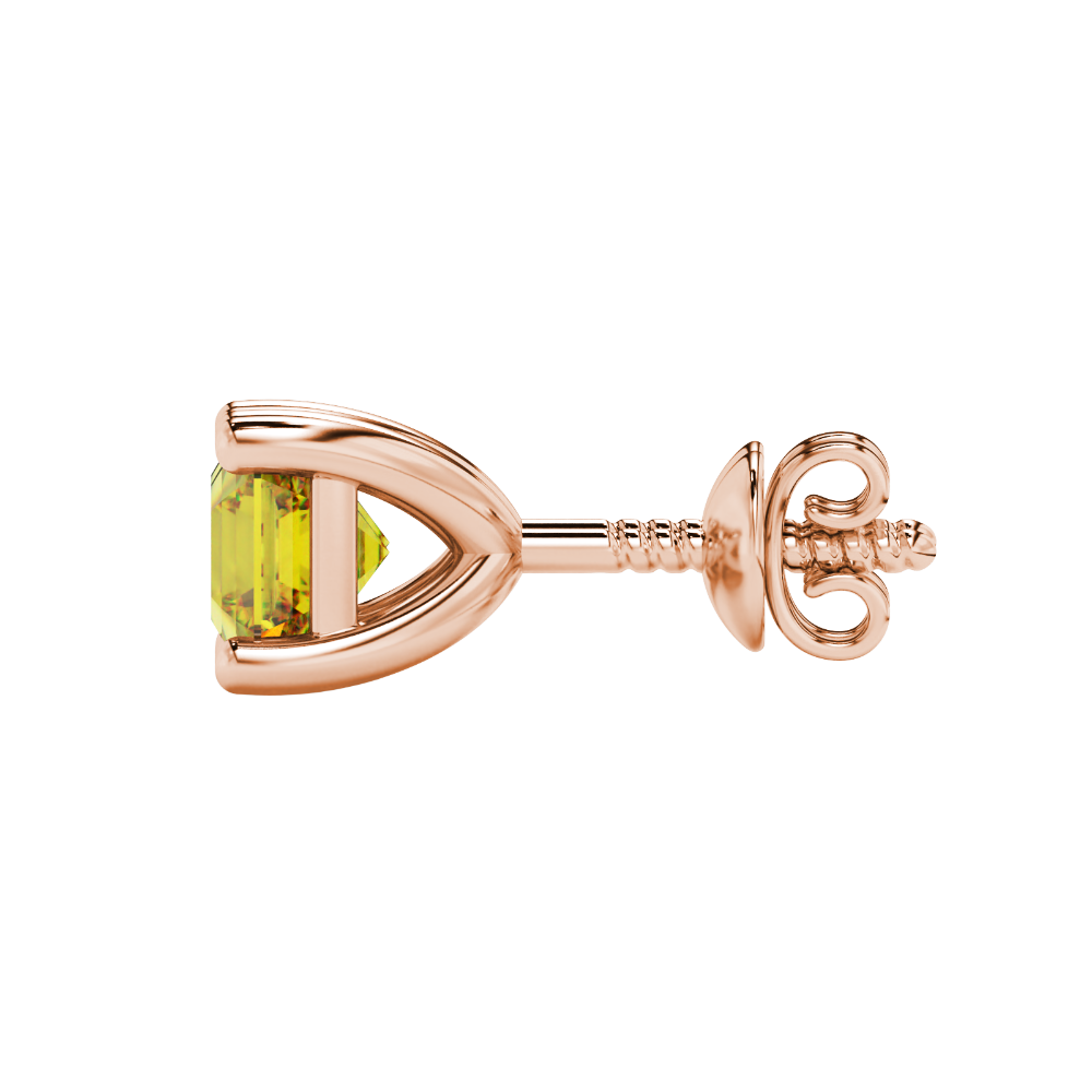 Asscher cut gemstone stud earrings in gold with four-prong basket setting and screw-back closure