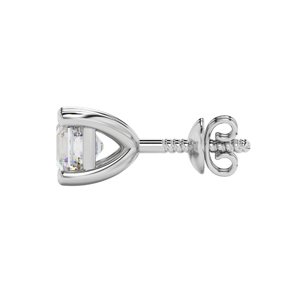 Asscher cut gemstone stud earrings in gold with four-prong basket setting and screw-back closure