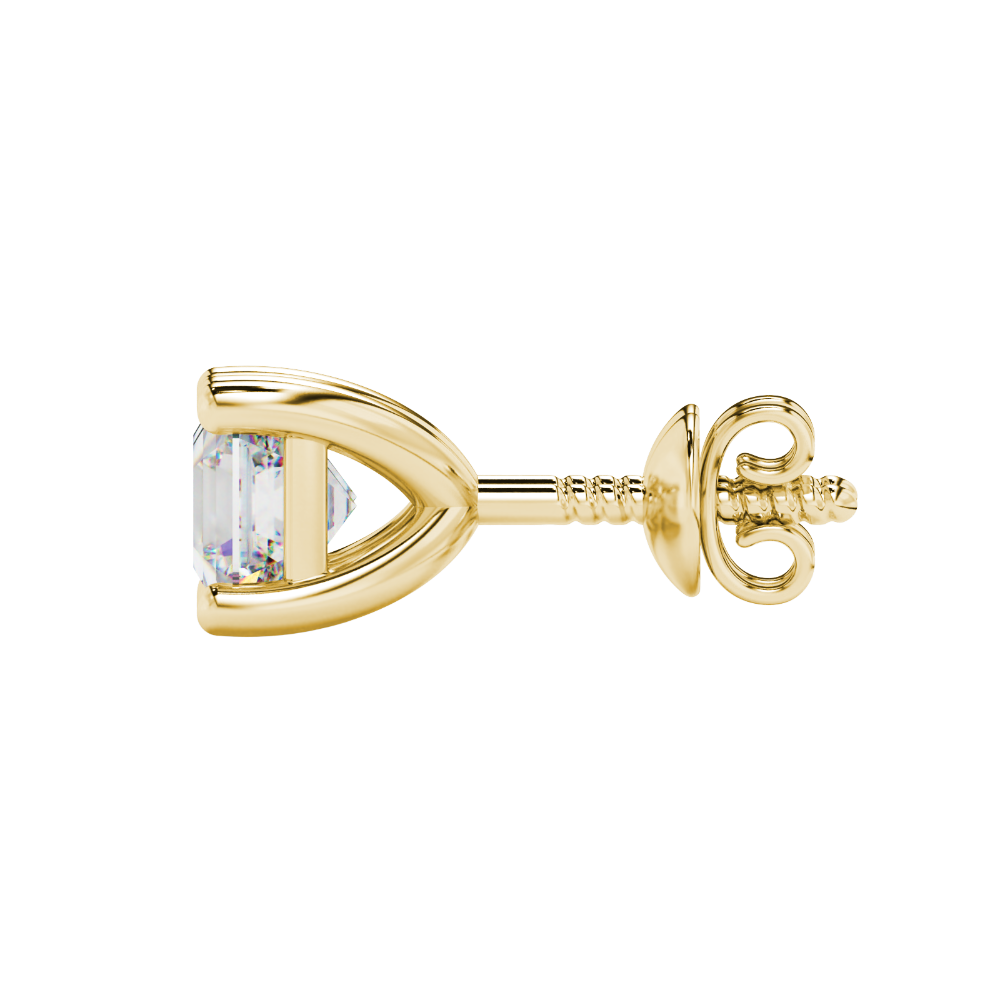 Asscher cut gemstone stud earrings in gold with four-prong basket setting and screw-back closure