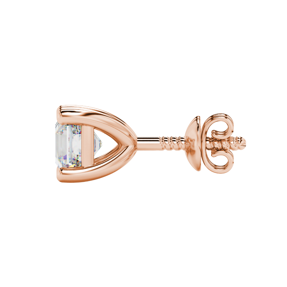 Asscher cut gemstone stud earrings in gold with four-prong basket setting and screw-back closure