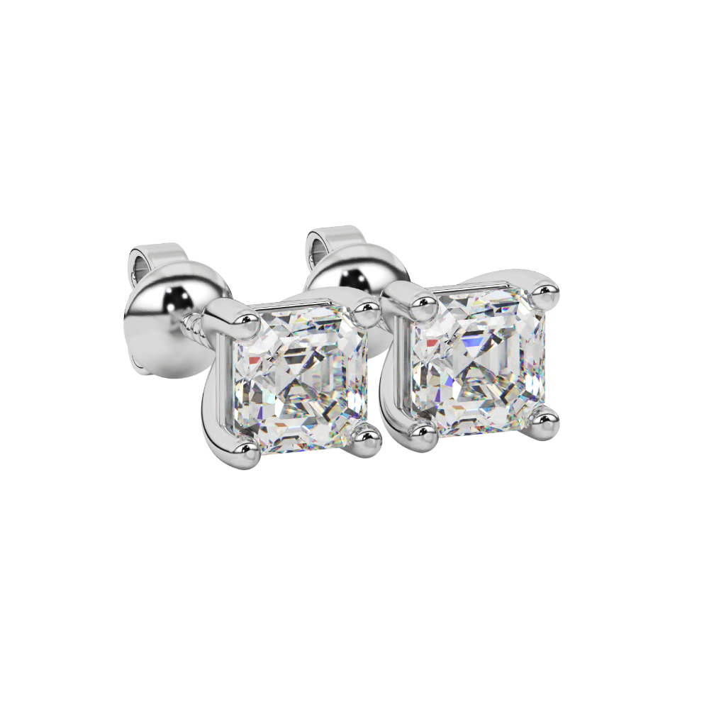 Asscher cut gemstone stud earrings in gold with four-prong basket setting and screw-back closure