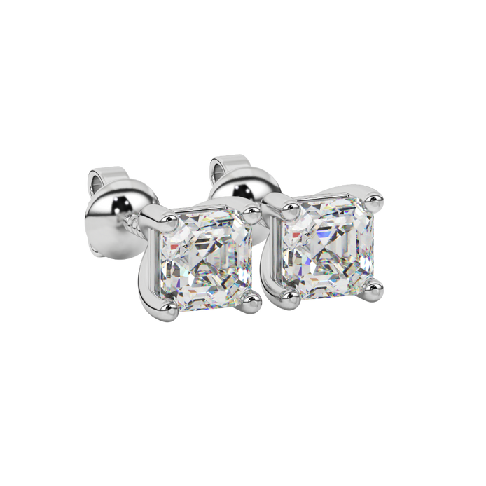 Asscher cut gemstone stud earrings in gold with four-prong basket setting and screw-back closure
