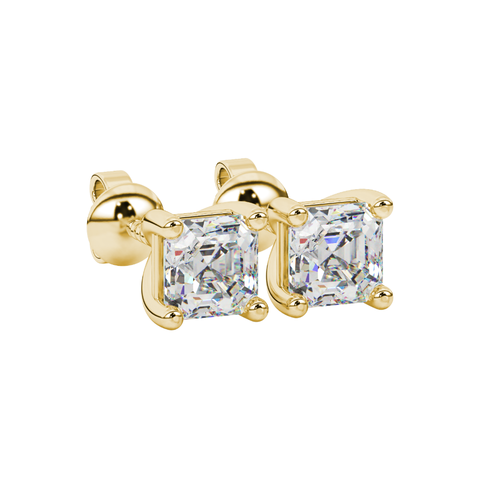 Asscher cut gemstone stud earrings in gold with four-prong basket setting and screw-back closure