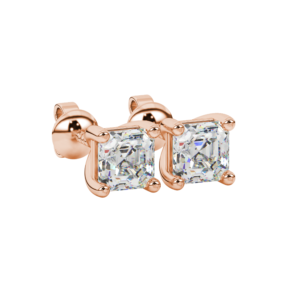 Asscher cut gemstone stud earrings in gold with four-prong basket setting and screw-back closure