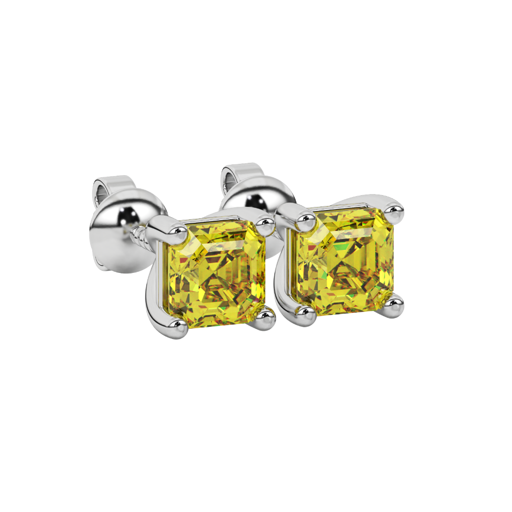 Asscher cut gemstone stud earrings in gold with four-prong basket setting and screw-back closure