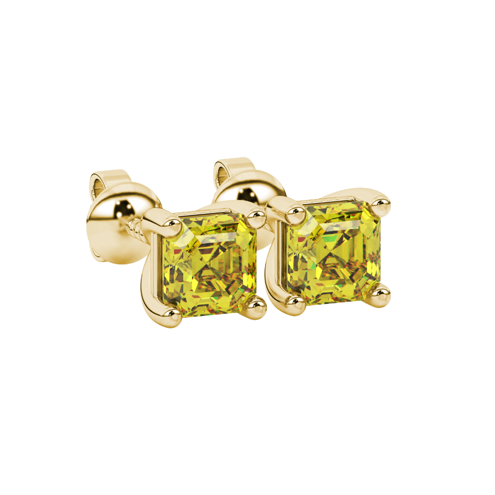 Asscher cut gemstone stud earrings in gold with four-prong basket setting and screw-back closure