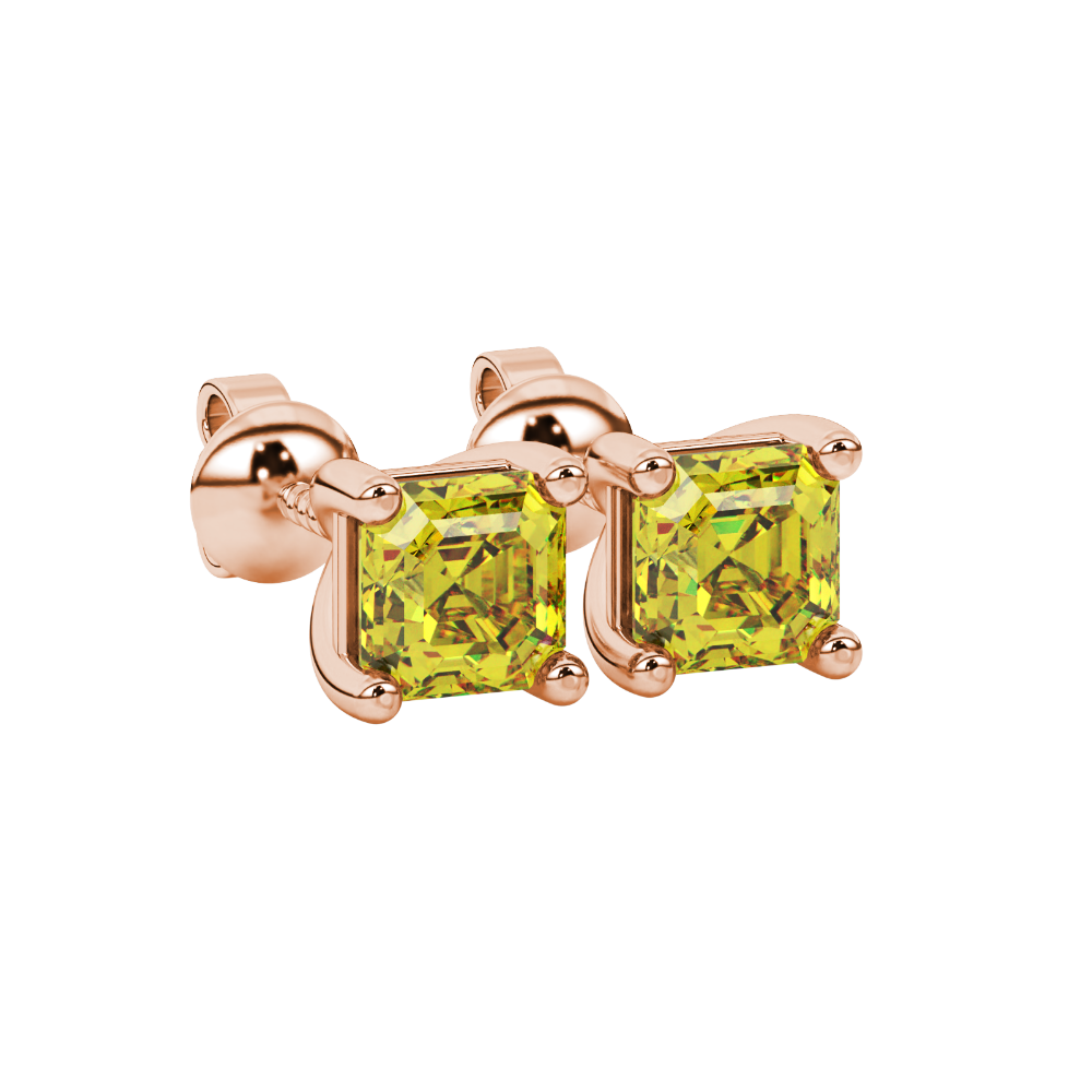Asscher cut gemstone stud earrings in gold with four-prong basket setting and screw-back closure