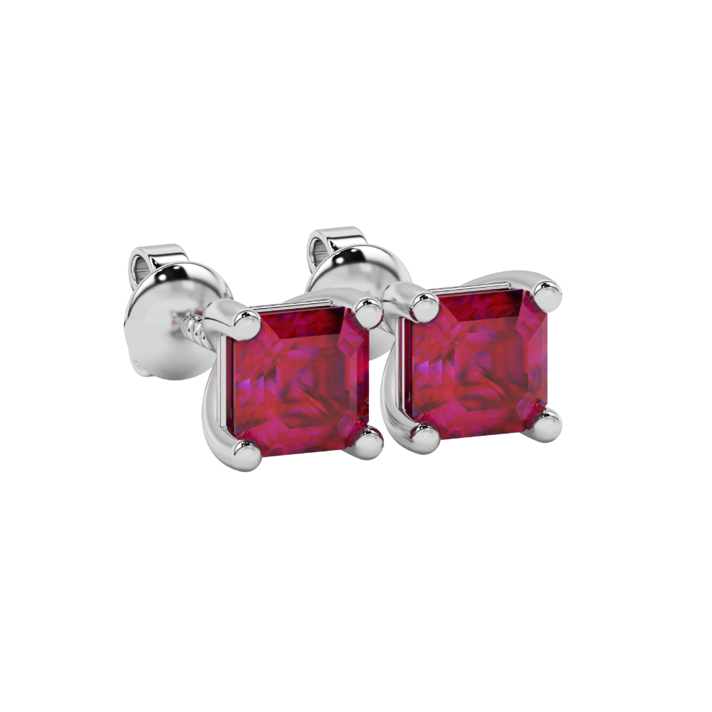 Asscher cut gemstone stud earrings in gold with four-prong basket setting and screw-back closure