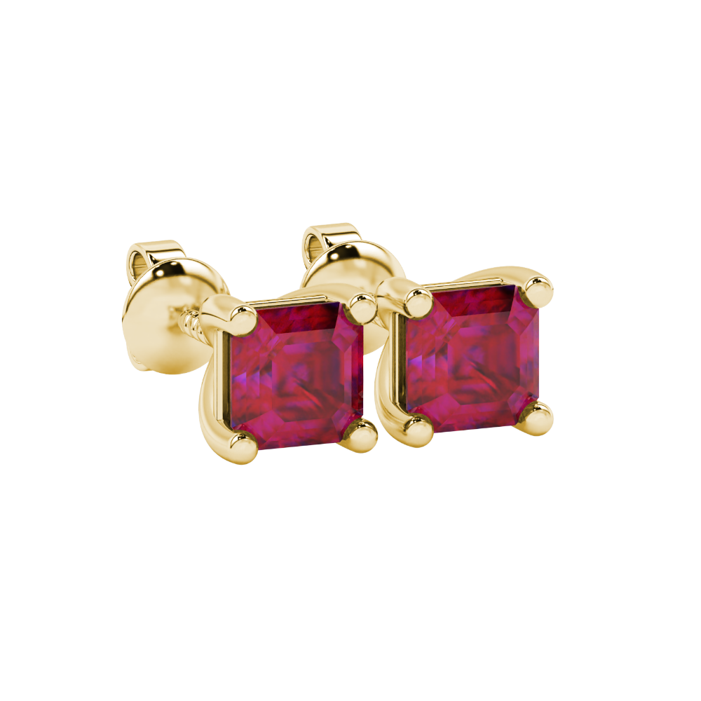 Asscher cut gemstone stud earrings in gold with four-prong basket setting and screw-back closure