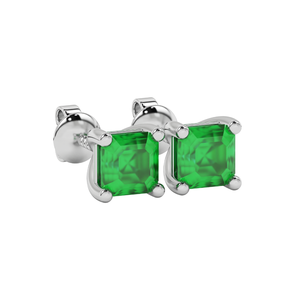 Asscher cut gemstone stud earrings in gold with four-prong basket setting and screw-back closure